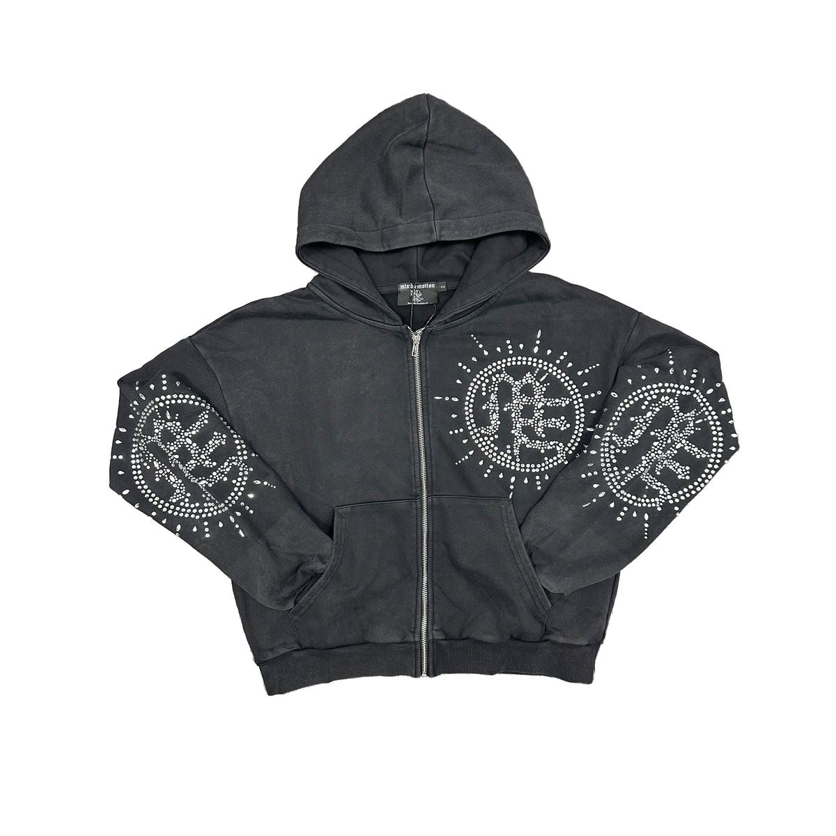 Mixed Emotion Eclipse’ Grey Acid Wash Rhinestone Hoodie