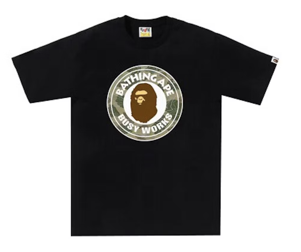 BAPE Layered Line Camo Busy Works Beige Black Tee