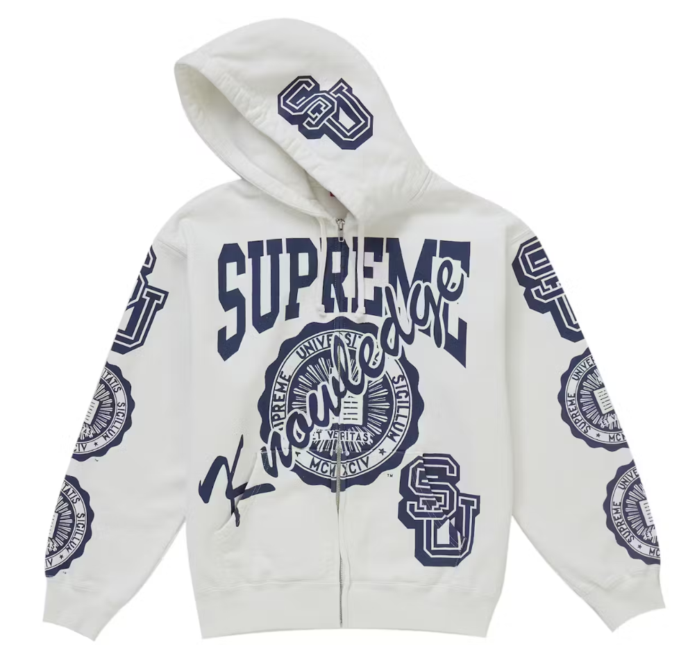 Supreme Knowledge Reigns Zip Up Hooded Sweatshirt White