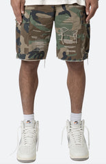 DISTRESSED CAMO CARGO SHORTS