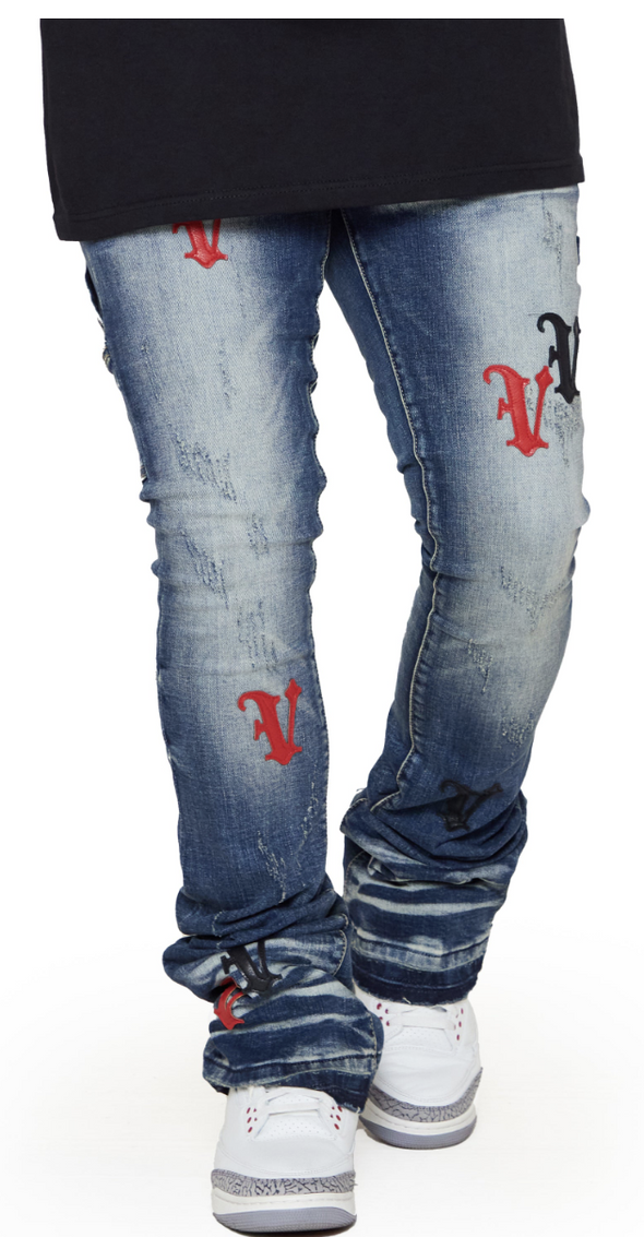 Valabasas Jeans “V-Minimal Dark Blue Stacked Flare Jeans"