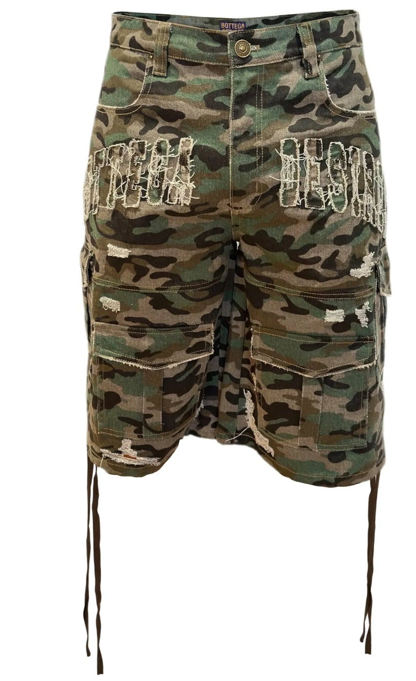 Bottega Desires Distressed Camo Cargo Shorts