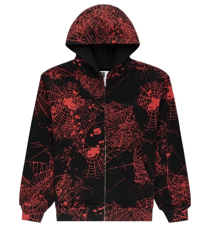 Sp5der AOP Web V2 Zip Up Hoodie Black