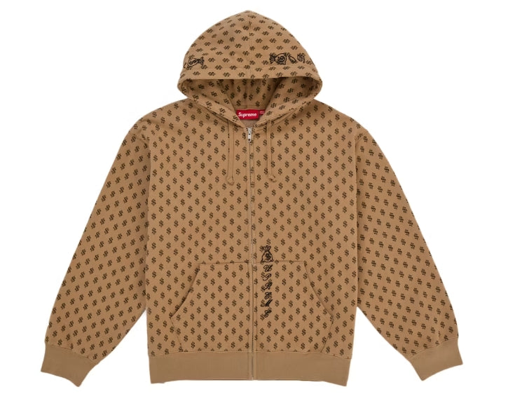 Supreme God Over Money Zip Up Hooded Sweatshirt Brown