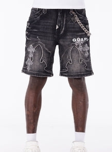 GUAPI Obsidian Black Faded Cross Denim Shorts