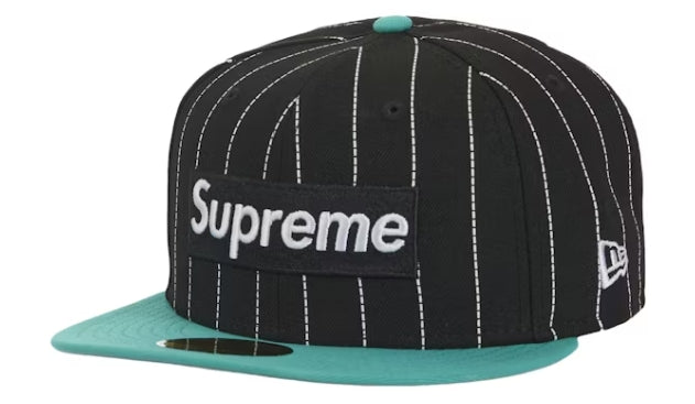 Supreme MLB Teams Box Logo New Era 59Fifty Hat Snow Black Pinstripe