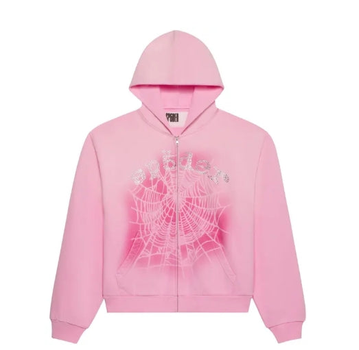 Sp5der OG Web V2 Spray Zip Hoodie Light Pink