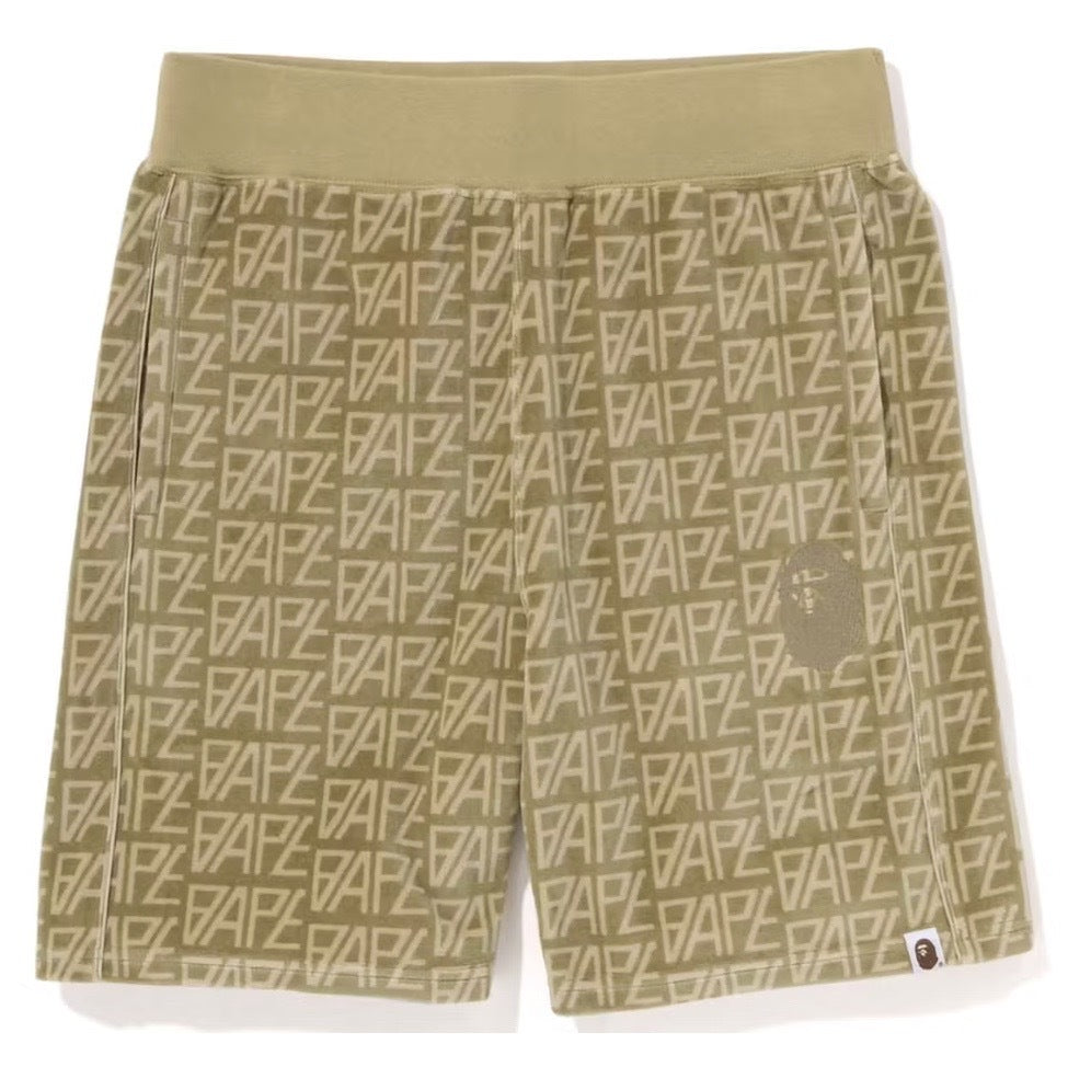 BAPE Logo Monogram Velour Shorts Beige