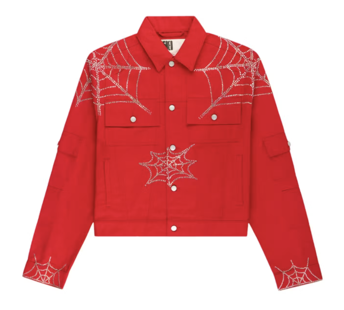 Sp5der Web Denim Cropped Trucker Jacket Red