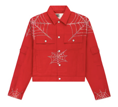 Sp5der Web Denim Cropped Trucker Jacket Red