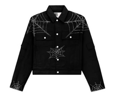 Sp5der Web Denim Cropped Trucker Jacket Red Black