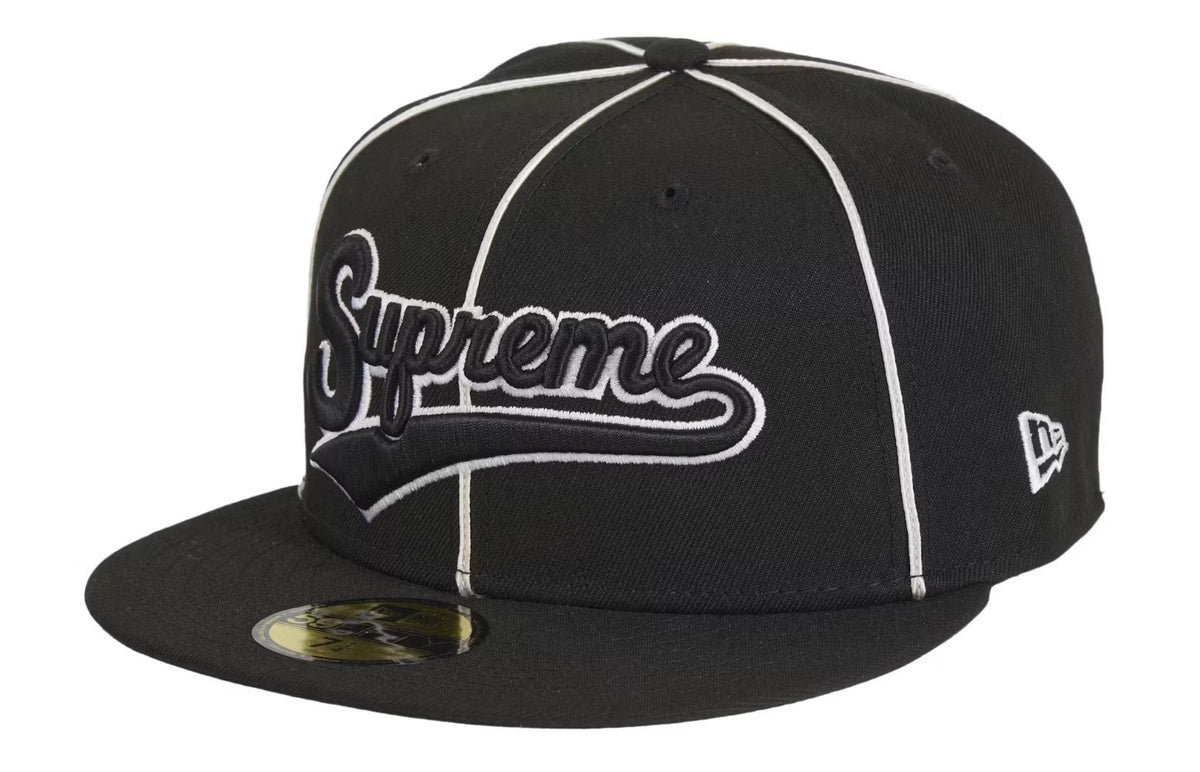 Supreme x New Era Piping Script Hat Black