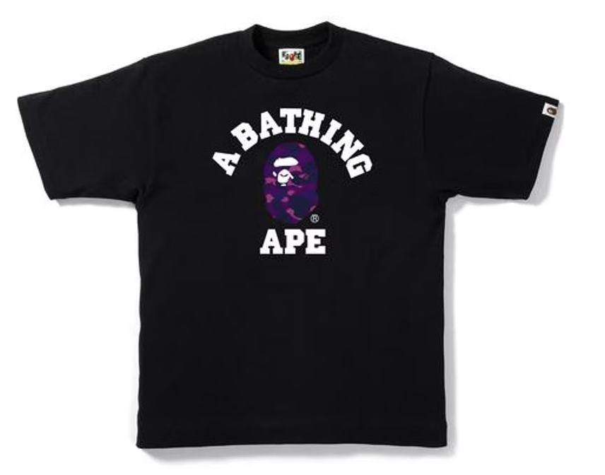 BAPE Purple Camo College Logo Black Tee