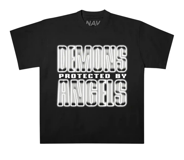 Vlone NAV White/Grey "Demons Protected By Angels" Black Tee