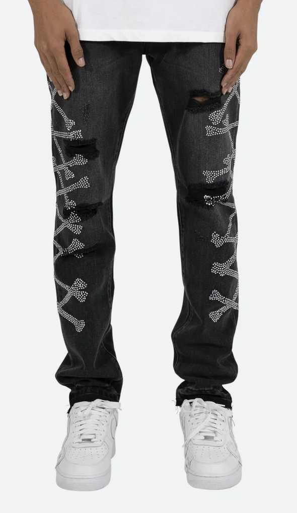 D419 Rhinestone Straight Denim Black Jeans